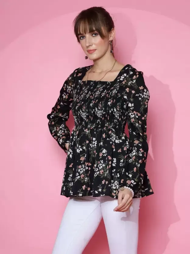 Chic Black Floral Peplum Top