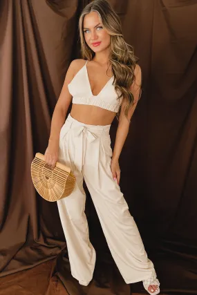 Chic Selections Crop Top & Wide Leg Pants Set (Cream)