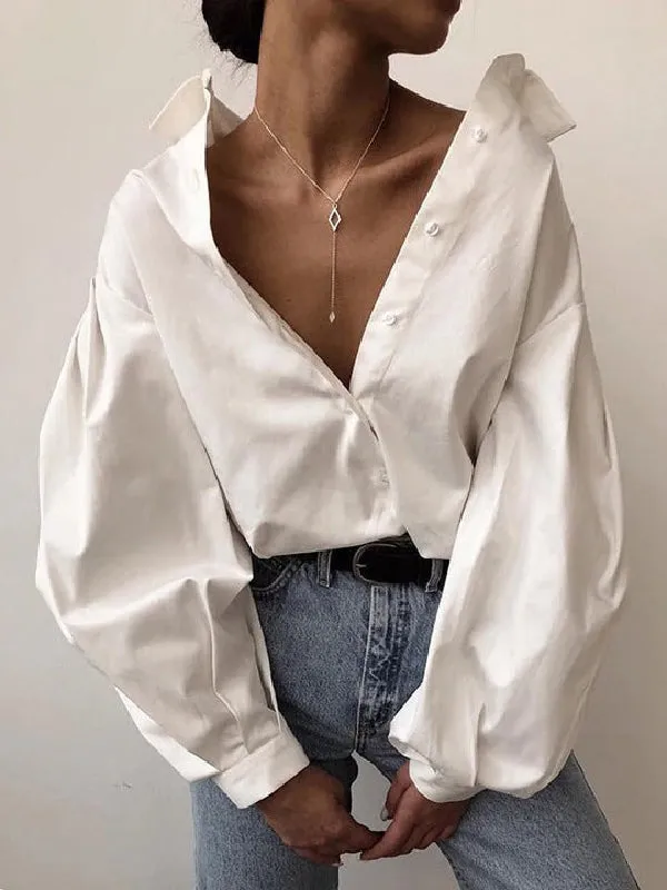 Chicmy-Long Sleeves Loose Buttoned Solid Color Lapel Collar Blouses&Shirts Tops