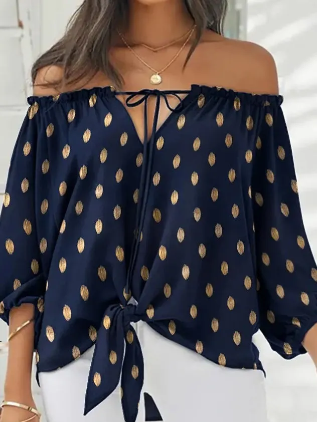 Chicmy-Simple Long Sleeves Loose Drawstring Printed Off-The-Shoulder Blouses&Shirts Tops