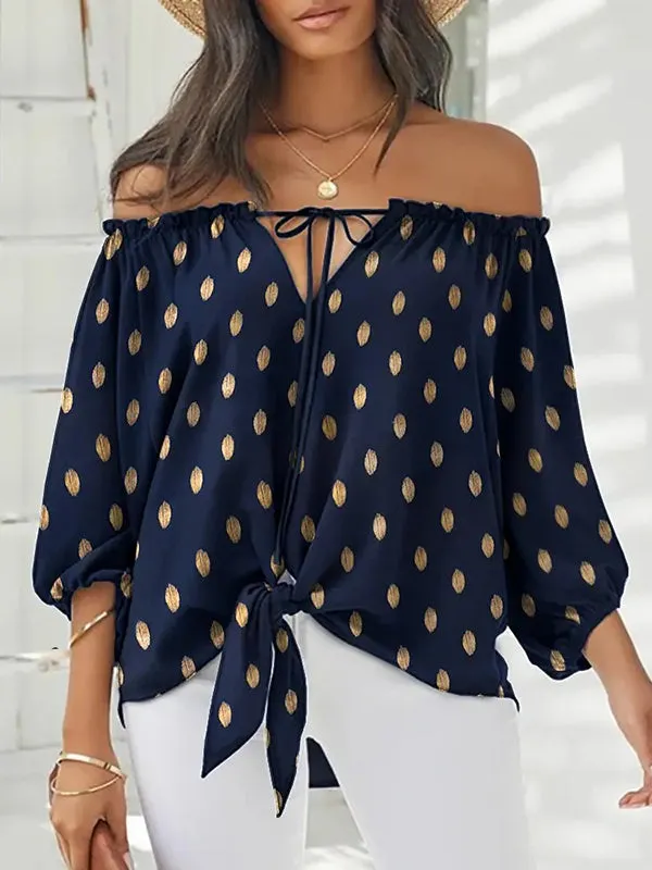 Chicmy-Simple Long Sleeves Loose Drawstring Printed Off-The-Shoulder Blouses&Shirts Tops