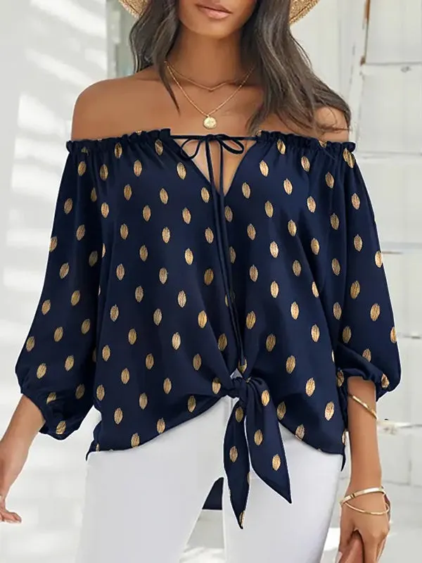 Chicmy-Simple Long Sleeves Loose Drawstring Printed Off-The-Shoulder Blouses&Shirts Tops