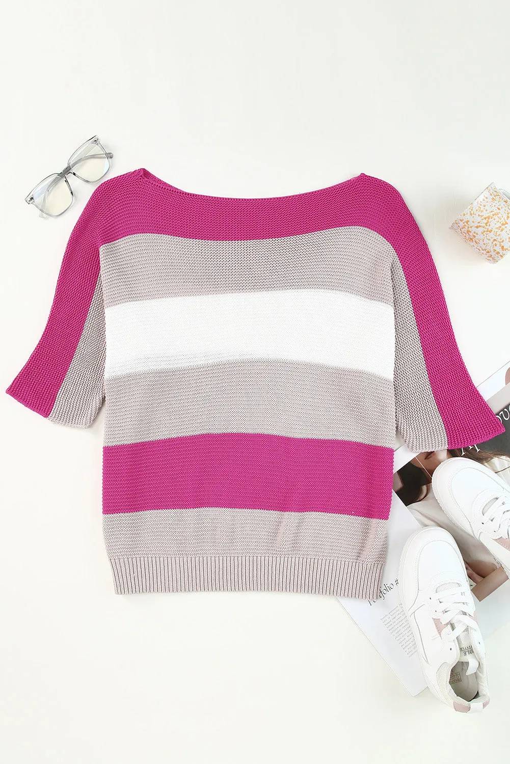 Contrast Stripe Knit Half Sleeve Sweater