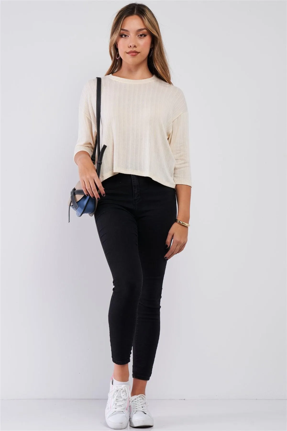 Cream Midi Sleeve Crew Neck Knit Sweater /2-2-2