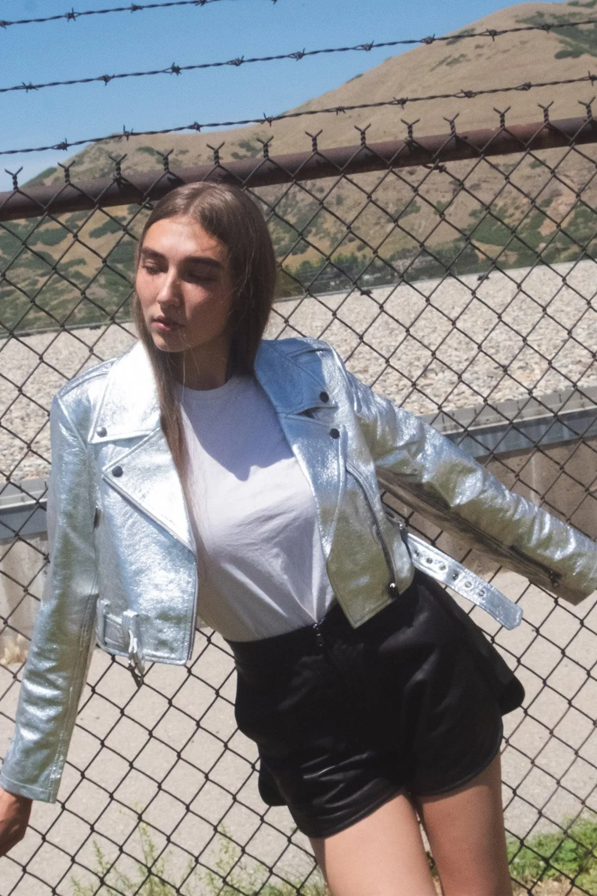 Crop Moto Jacket in Silver