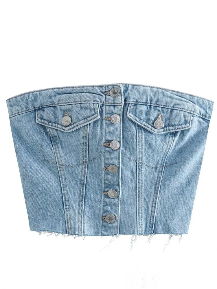 Denim Button Stylish Corset Tube Top