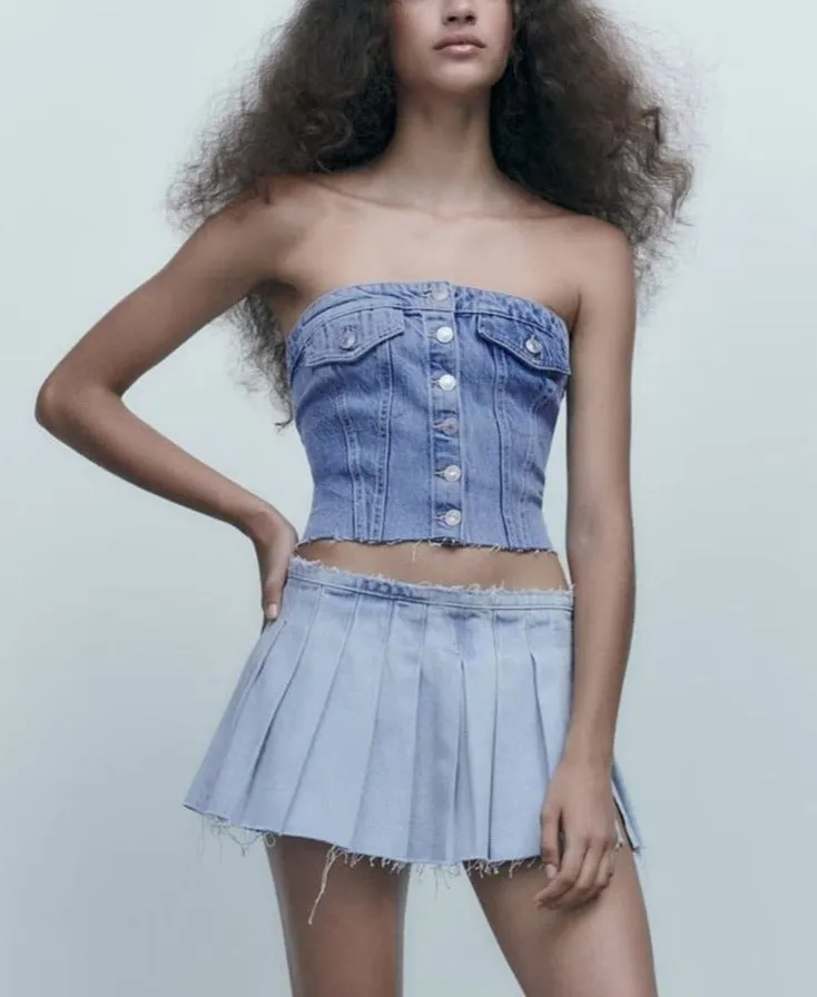 Denim Button Stylish Corset Tube Top