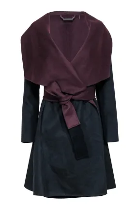 Diane von Furstenberg - Black Wool Wrap Coat w/ Burgundy Lining Sz S