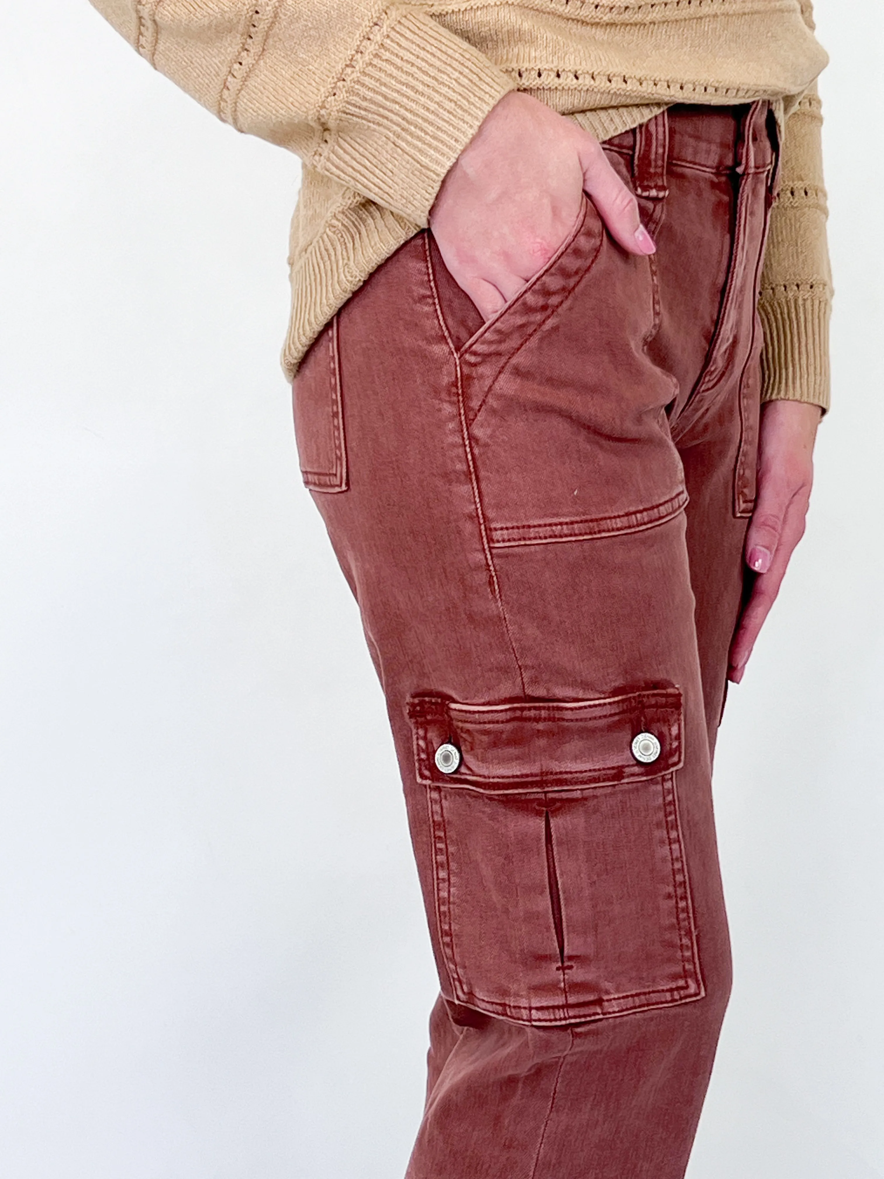 Dixie - High Rise Straight Leg Cargo Jeans (Red Brick)