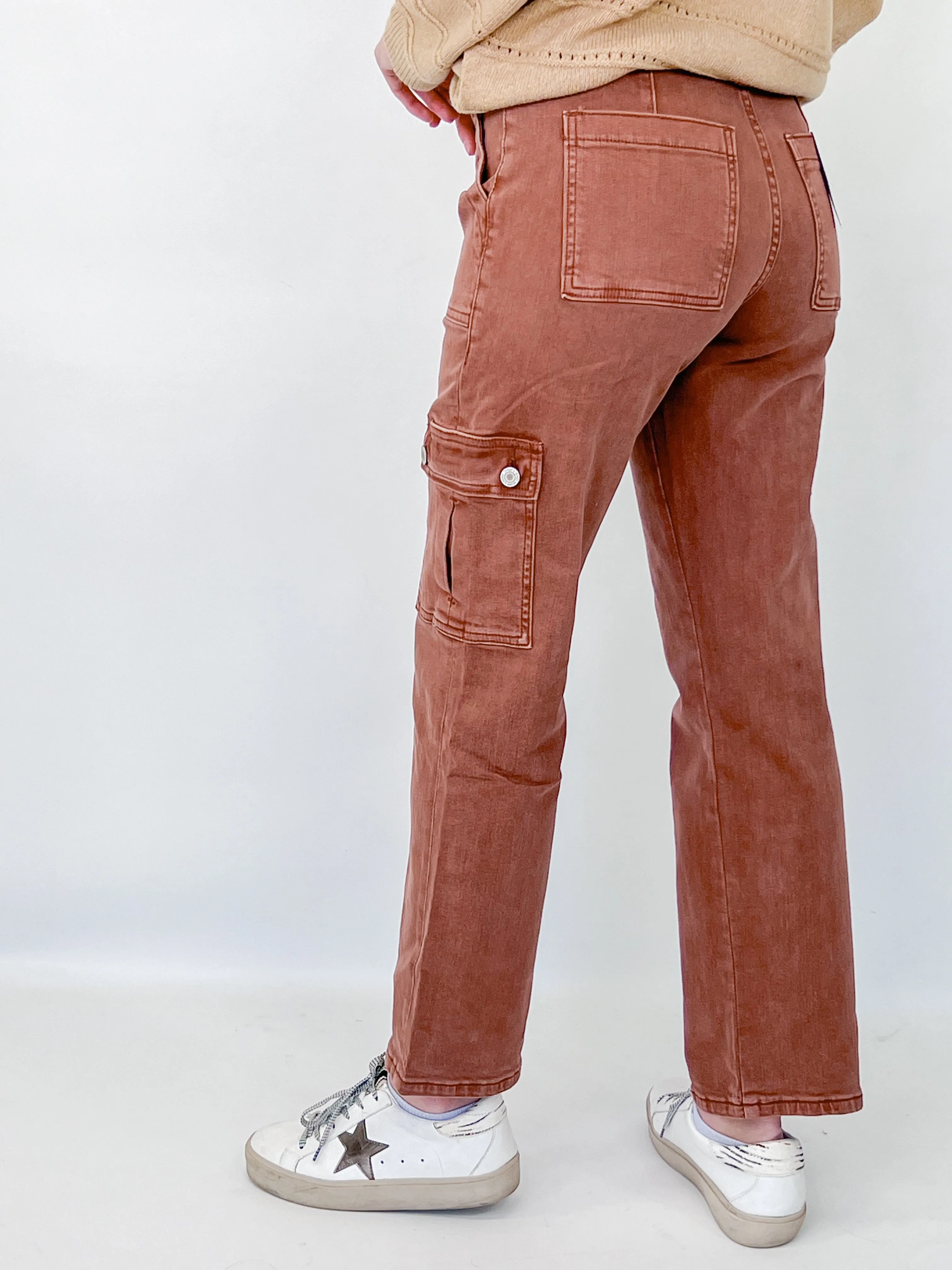 Dixie - High Rise Straight Leg Cargo Jeans (Red Brick)