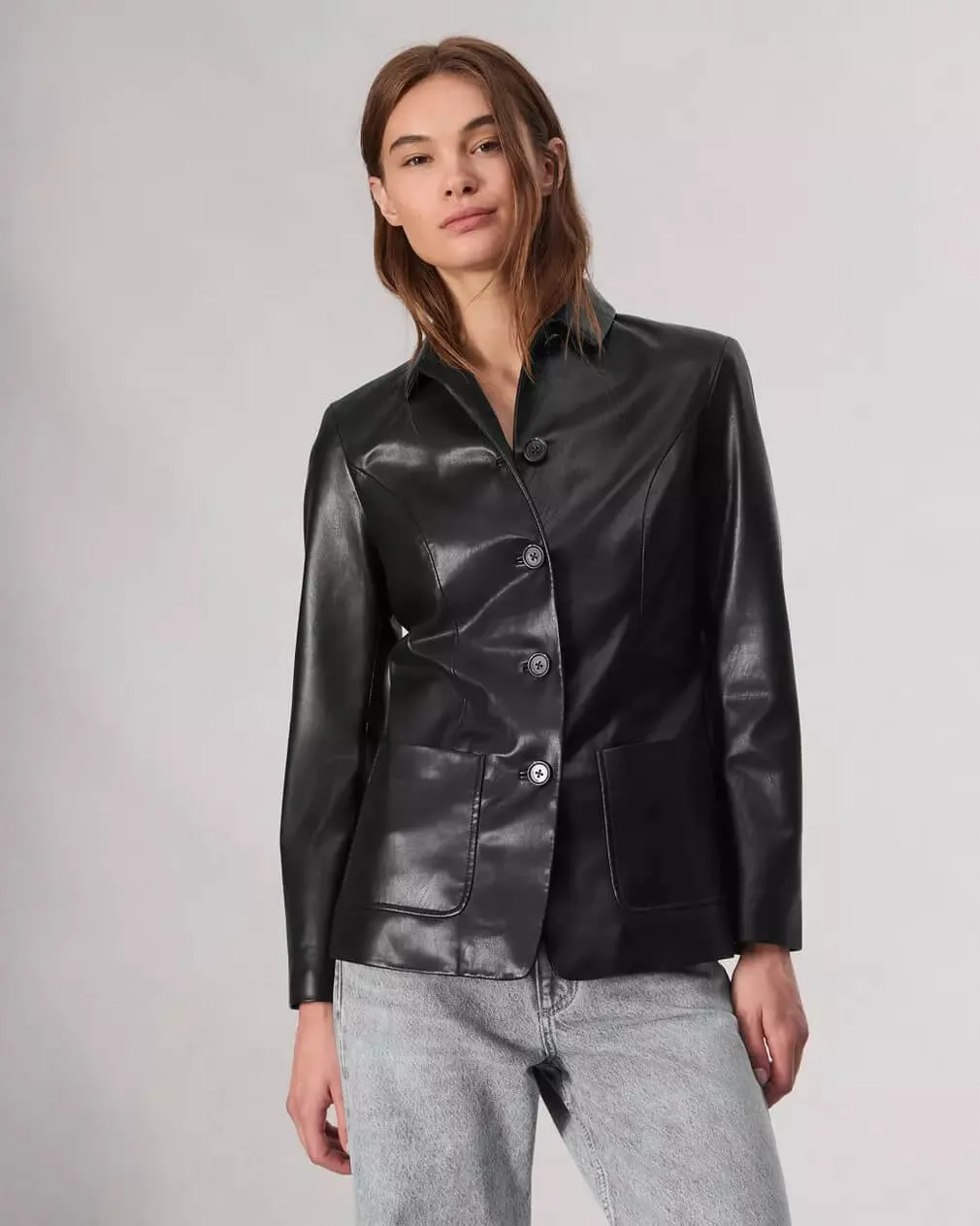 Drew Faux Leather Blazer in black