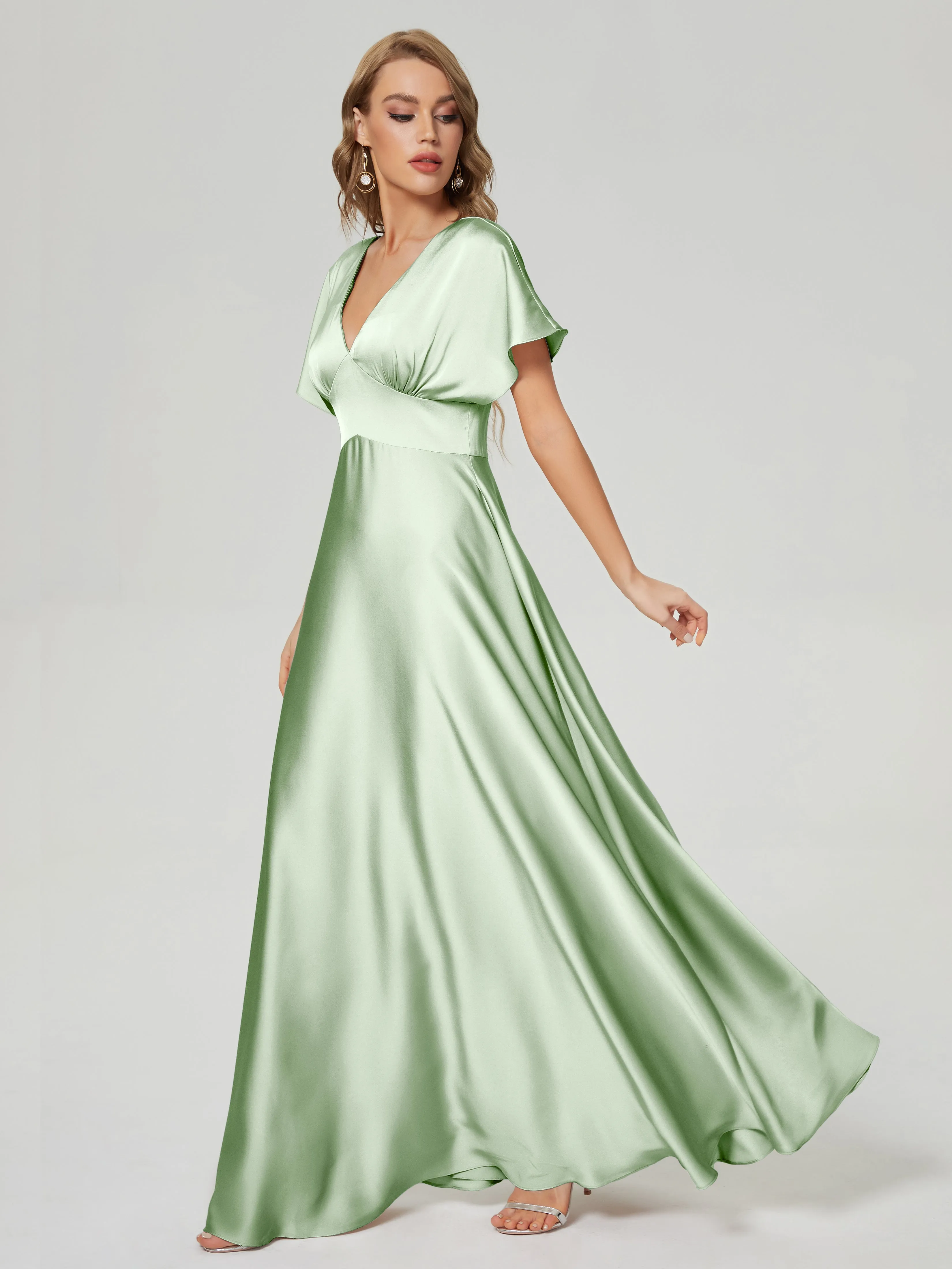 Dusty Sage Bridesmaid Dresses Ariah Modest V Neck Short Sleeves Soft Satin Dresses