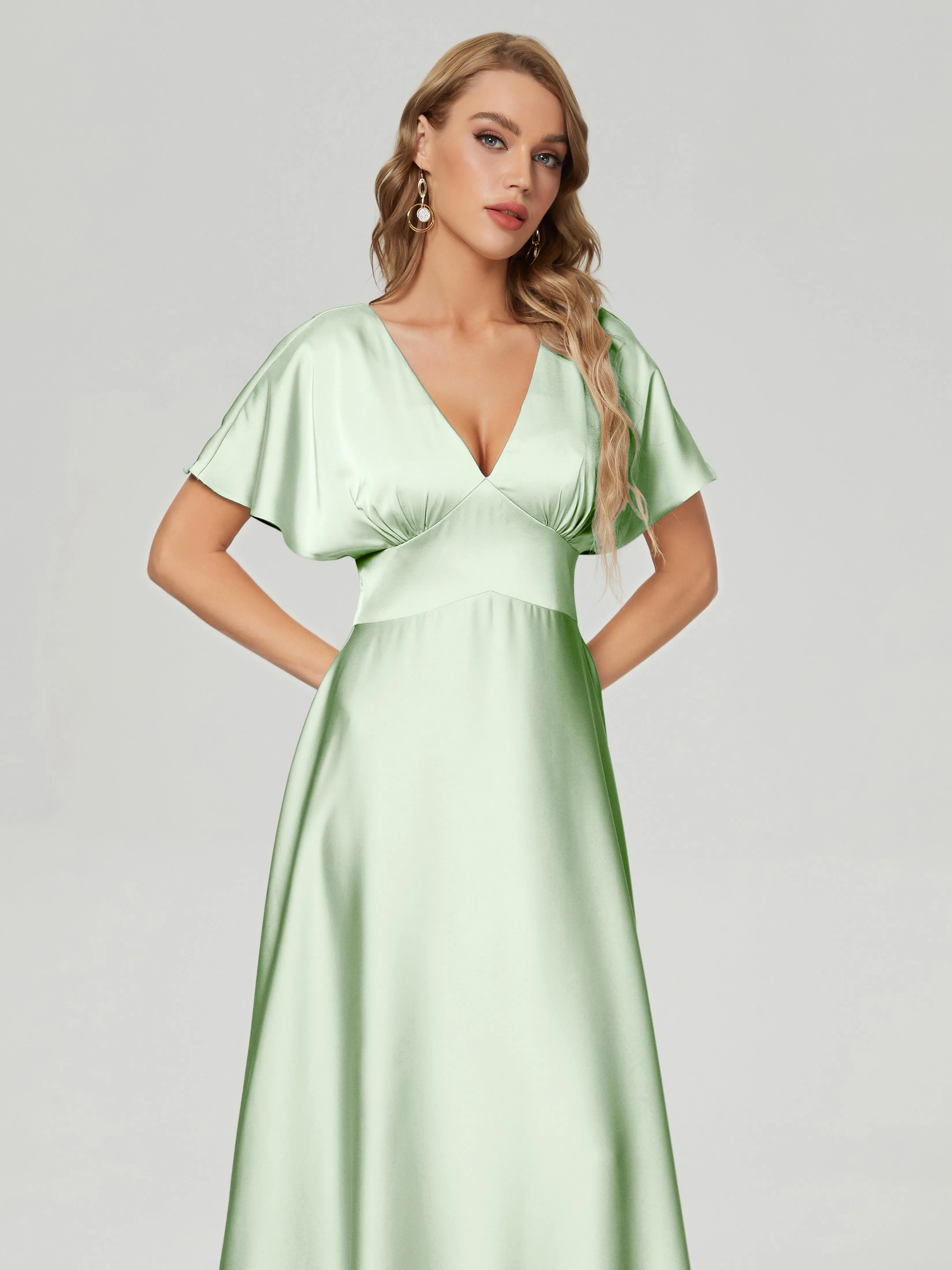 Dusty Sage Bridesmaid Dresses Ariah Modest V Neck Short Sleeves Soft Satin Dresses