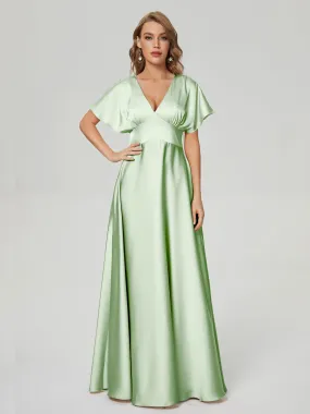 Dusty Sage Bridesmaid Dresses Ariah Modest V Neck Short Sleeves Soft Satin Dresses