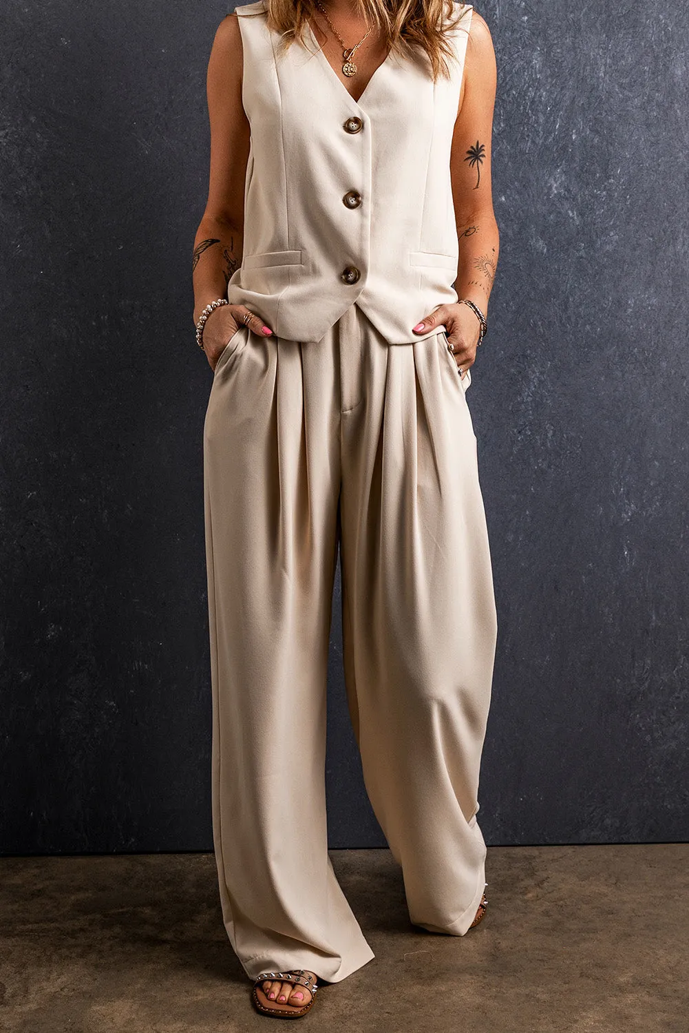 Elastic Waist Pleated Wide Leg Pants