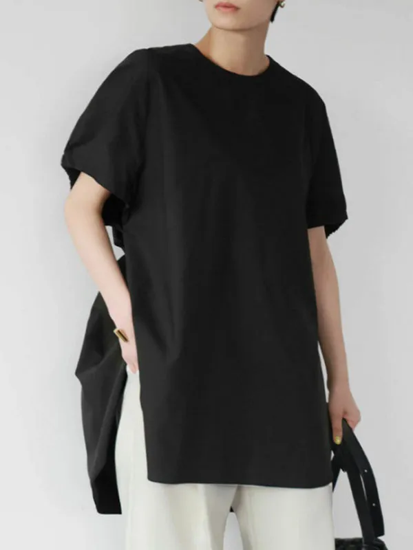 Elasticity Solid Color Split-side High-low Loose Round-neck T-Shirts Tops