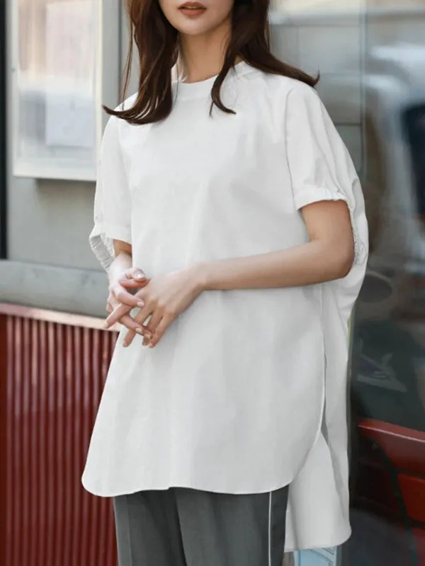 Elasticity Solid Color Split-side High-low Loose Round-neck T-Shirts Tops