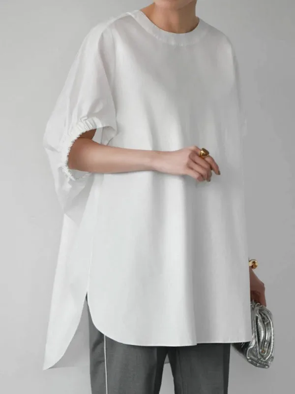 Elasticity Solid Color Split-side High-low Loose Round-neck T-Shirts Tops