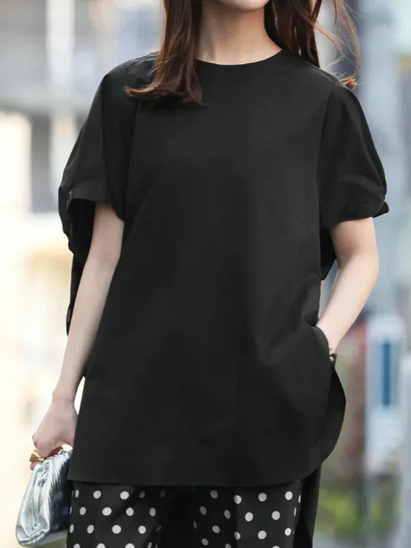 Elasticity Solid Color Split-side High-low Loose Round-neck T-Shirts Tops