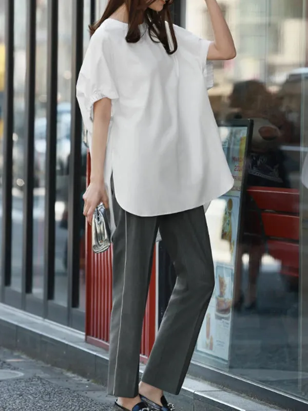 Elasticity Solid Color Split-side High-low Loose Round-neck T-Shirts Tops