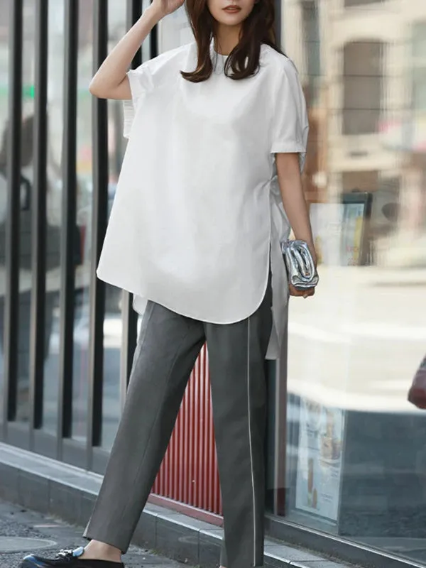 Elasticity Solid Color Split-side High-low Loose Round-neck T-Shirts Tops