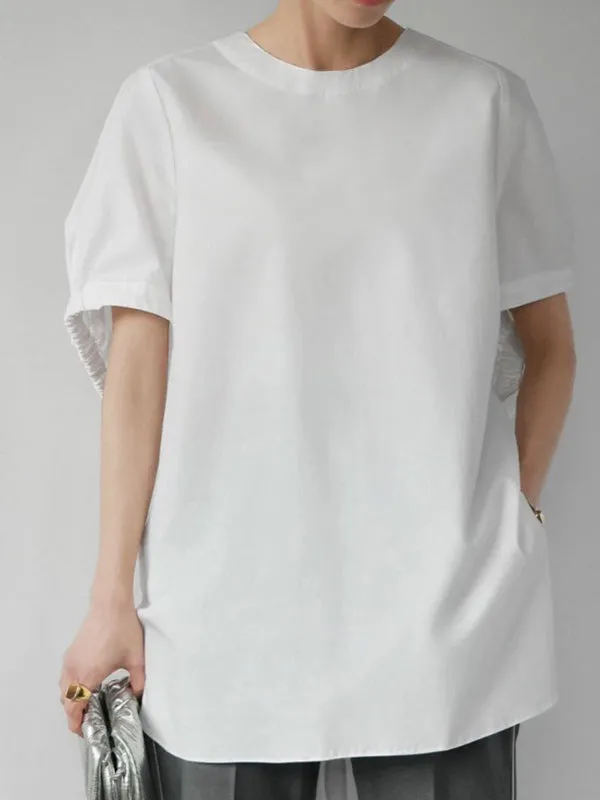 Elasticity Solid Color Split-side High-low Loose Round-neck T-Shirts Tops