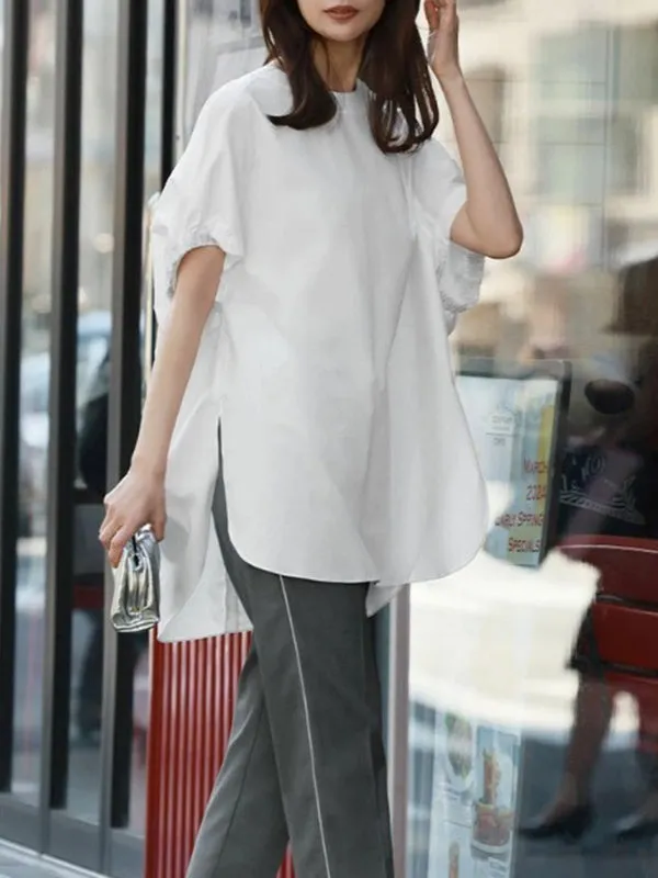 Elasticity Solid Color Split-side High-low Loose Round-neck T-Shirts Tops