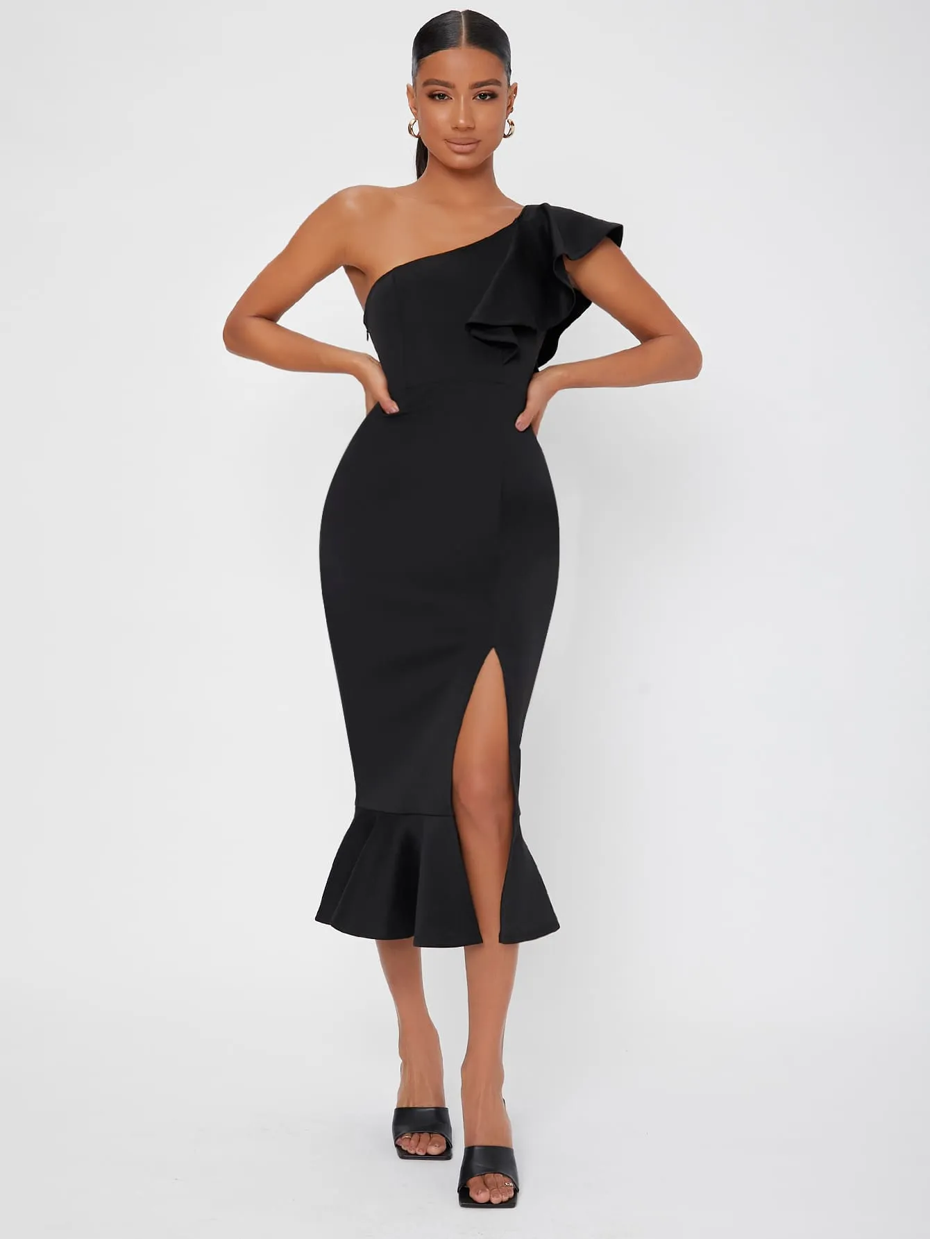 Elegant Plain Split Thigh Sleeveless One Shoulder Slit High Waist Long Dress