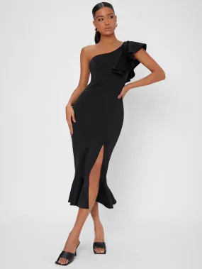 Elegant Plain Split Thigh Sleeveless One Shoulder Slit High Waist Long Dress