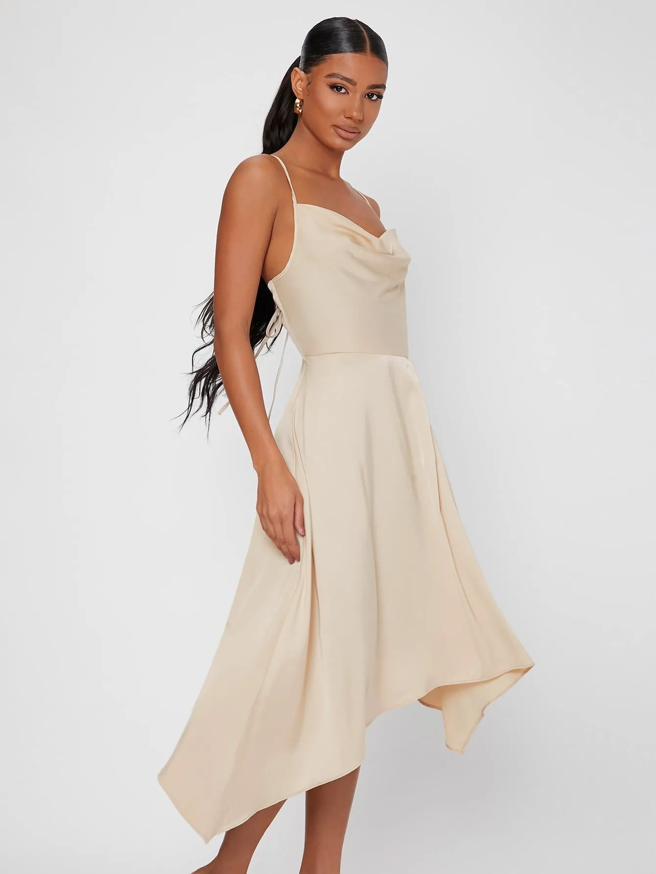 Elegant Plain Tie Back Sleeveless Spaghetti Strap Asymmetrical High Waist Midi Dress