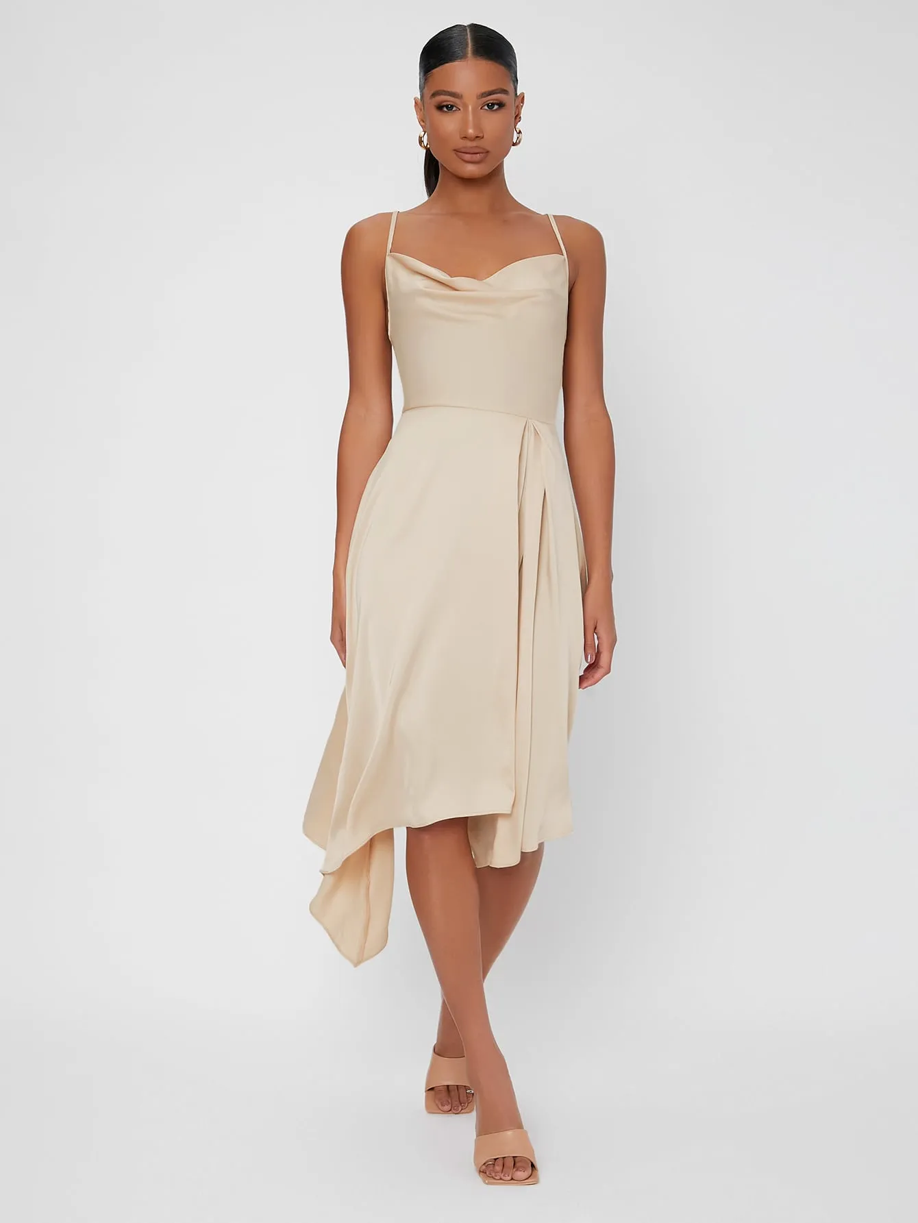 Elegant Plain Tie Back Sleeveless Spaghetti Strap Asymmetrical High Waist Midi Dress