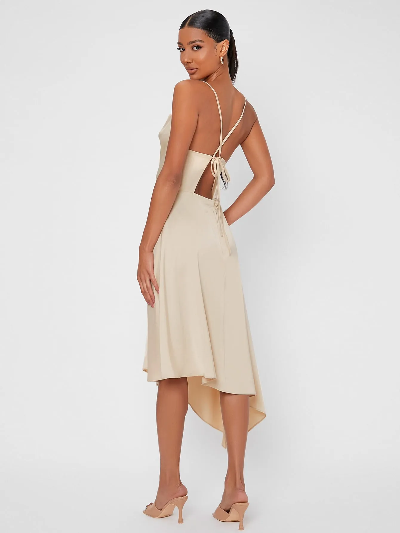 Elegant Plain Tie Back Sleeveless Spaghetti Strap Asymmetrical High Waist Midi Dress