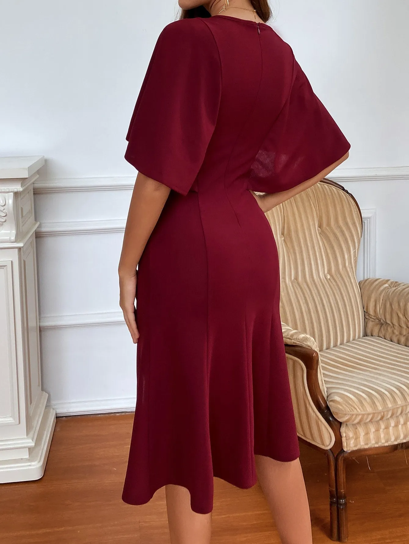 Elegant Plain Zipper Short Sleeve V Neck Slit High Waist Midi Dress