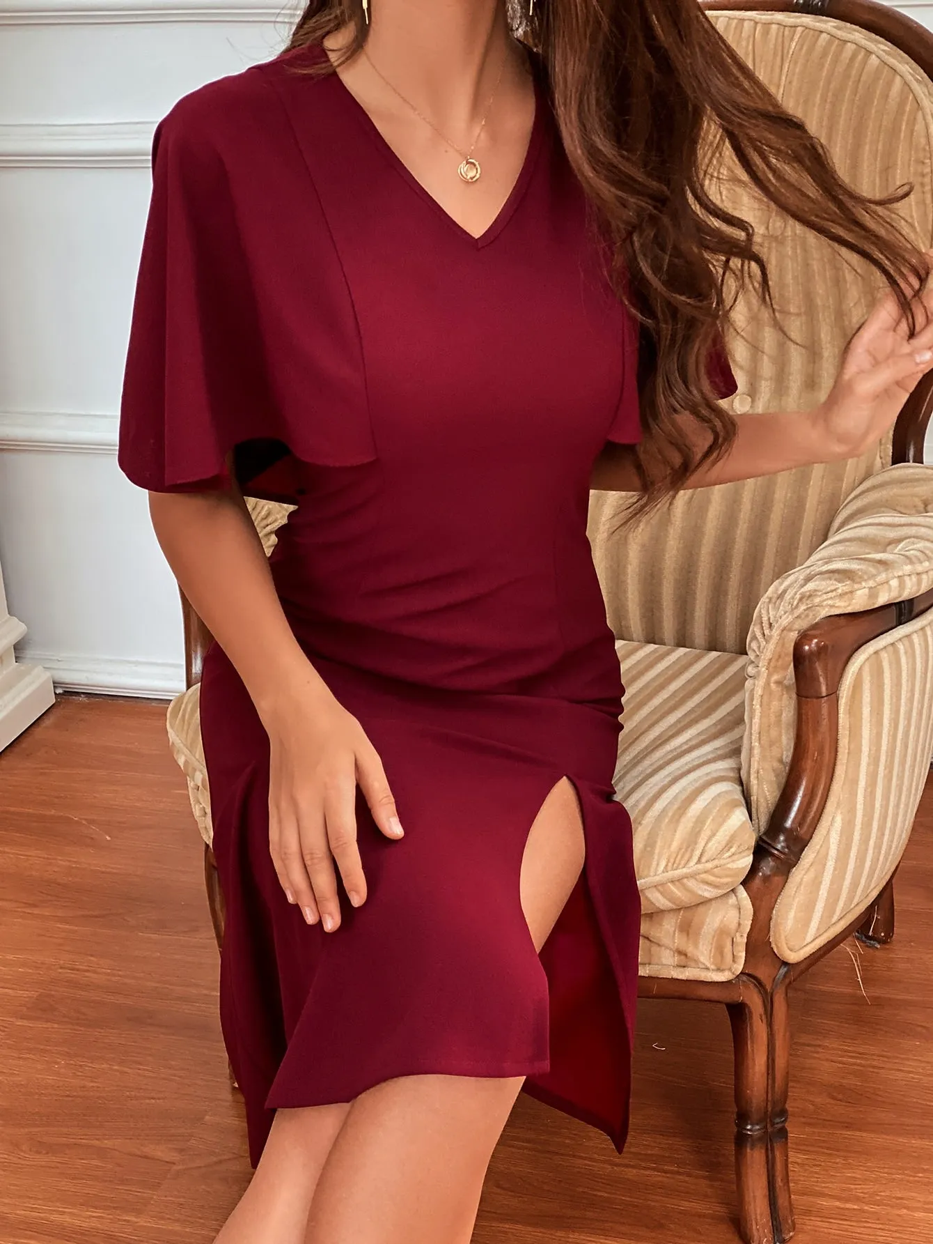 Elegant Plain Zipper Short Sleeve V Neck Slit High Waist Midi Dress