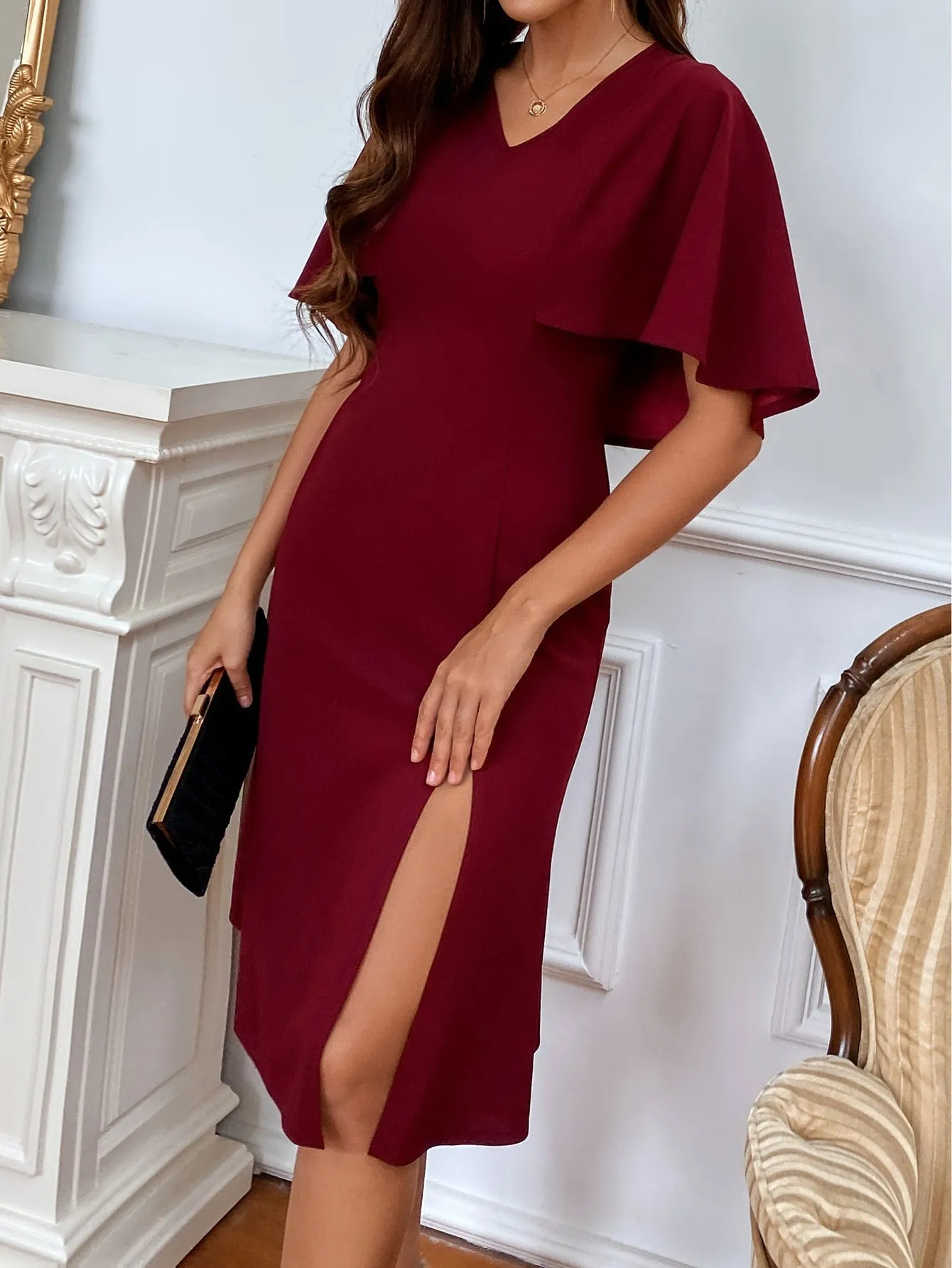 Elegant Plain Zipper Short Sleeve V Neck Slit High Waist Midi Dress