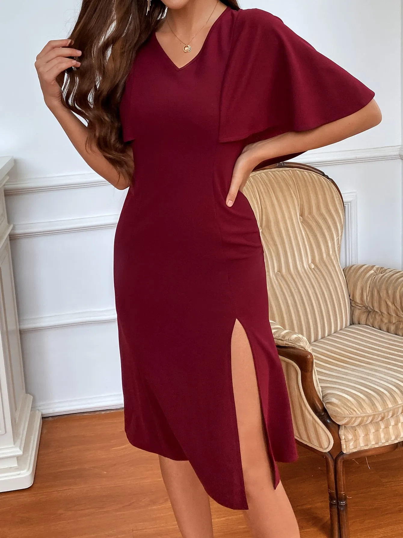 Elegant Plain Zipper Short Sleeve V Neck Slit High Waist Midi Dress