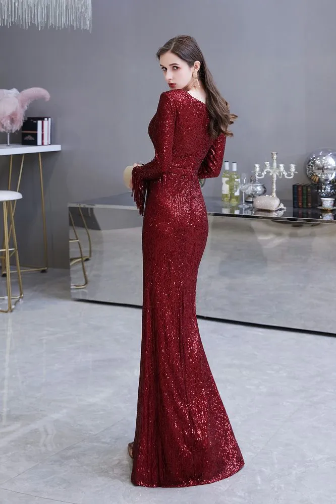 Elegant Sequined Burgundy V-Neck Mermaid Cocktail Party Dress Floor Length