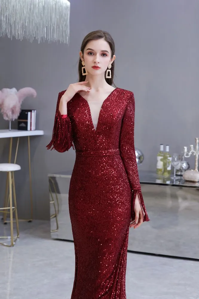 Elegant Sequined Burgundy V-Neck Mermaid Cocktail Party Dress Floor Length