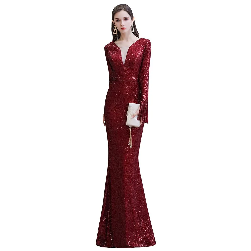 Elegant Sequined Burgundy V-Neck Mermaid Cocktail Party Dress Floor Length