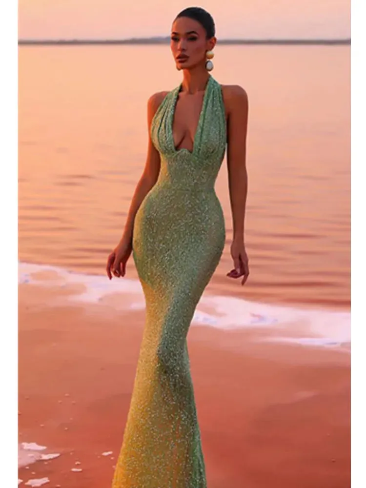 Elegant Sequined Plunging Neck Maxi Dress - Shine at Social Events