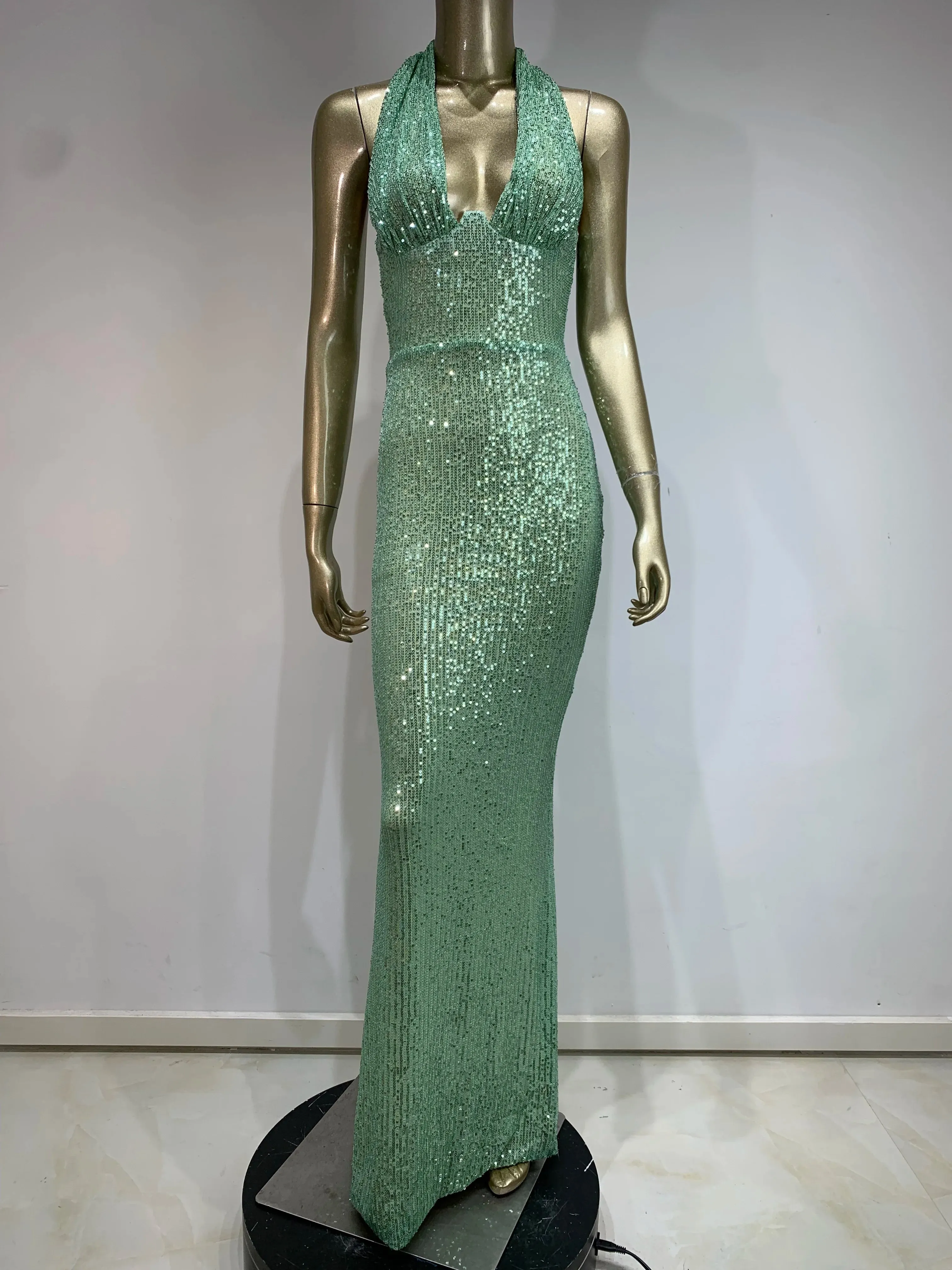 Elegant Sequined Plunging Neck Maxi Dress - Shine at Social Events