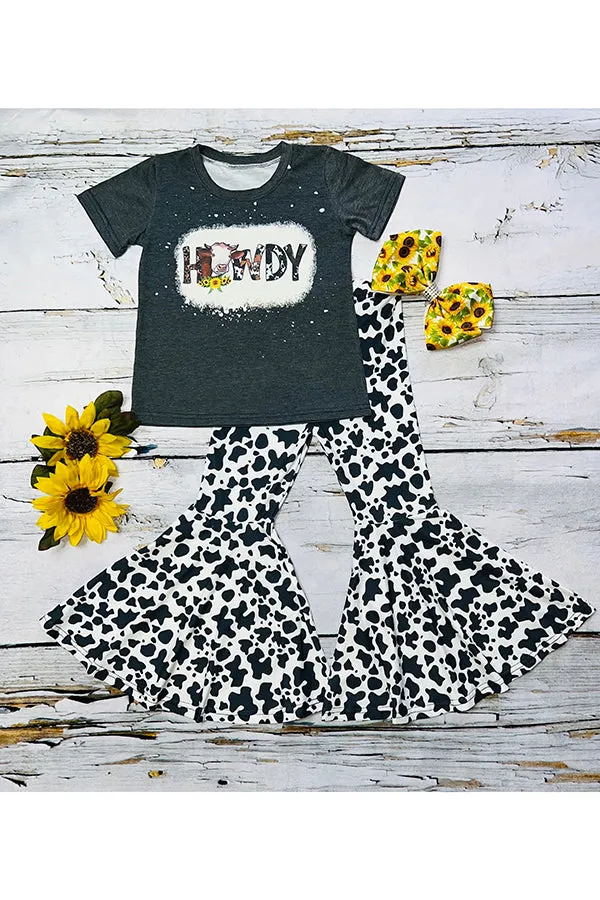 Gray "HOWDY" & cow print 2pc short sleeve set DLH0824-14