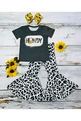 Gray "HOWDY" & cow print 2pc short sleeve set DLH0824-14