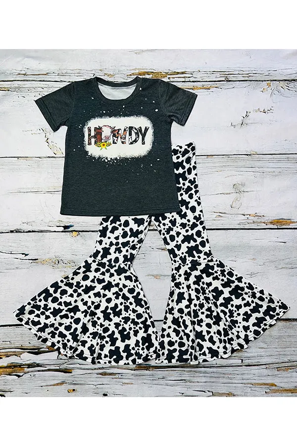 Gray "HOWDY" & cow print 2pc short sleeve set DLH0824-14