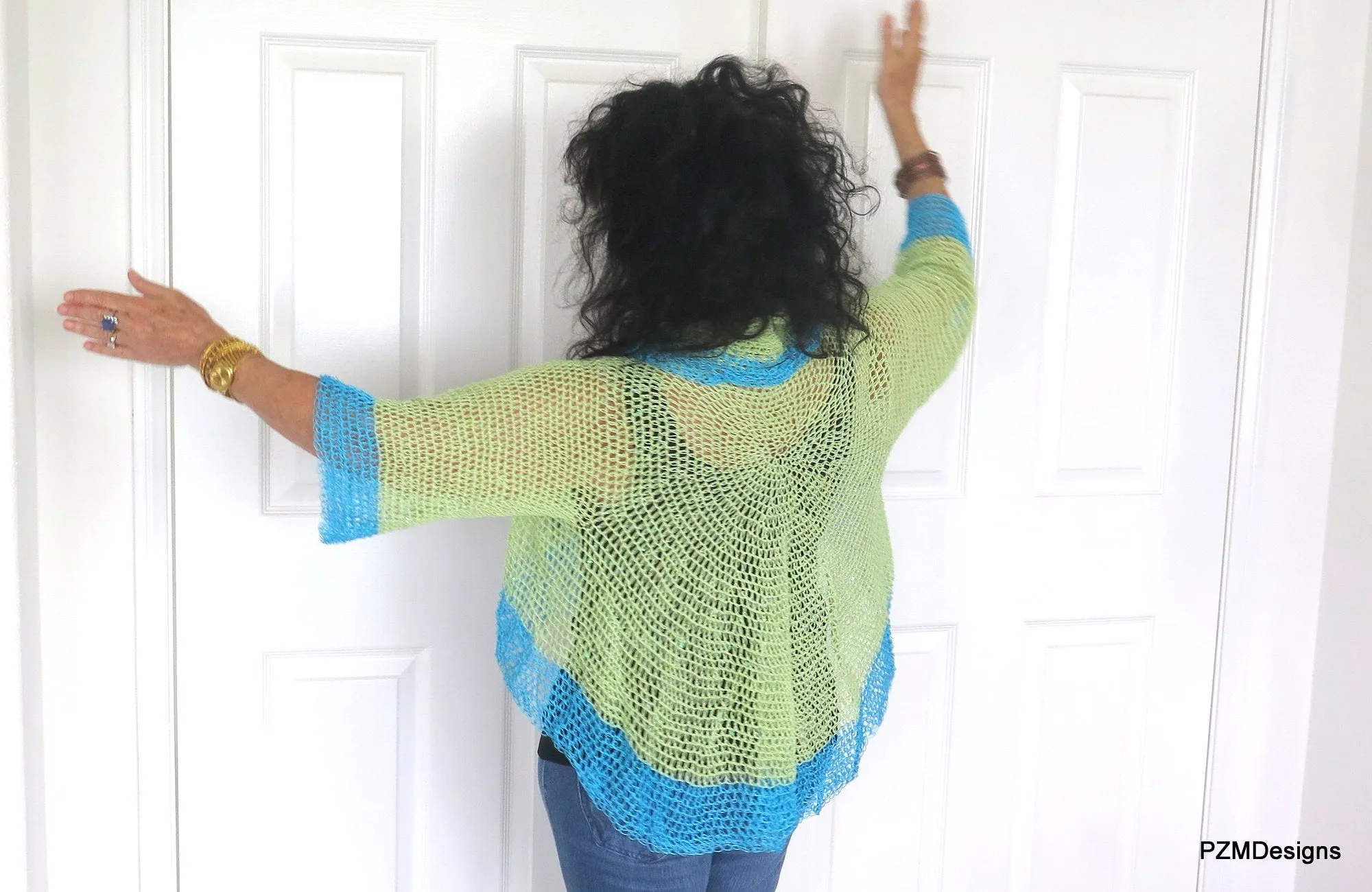 Green and Turquoise Thread Crochet Summer Shrug with Sequins