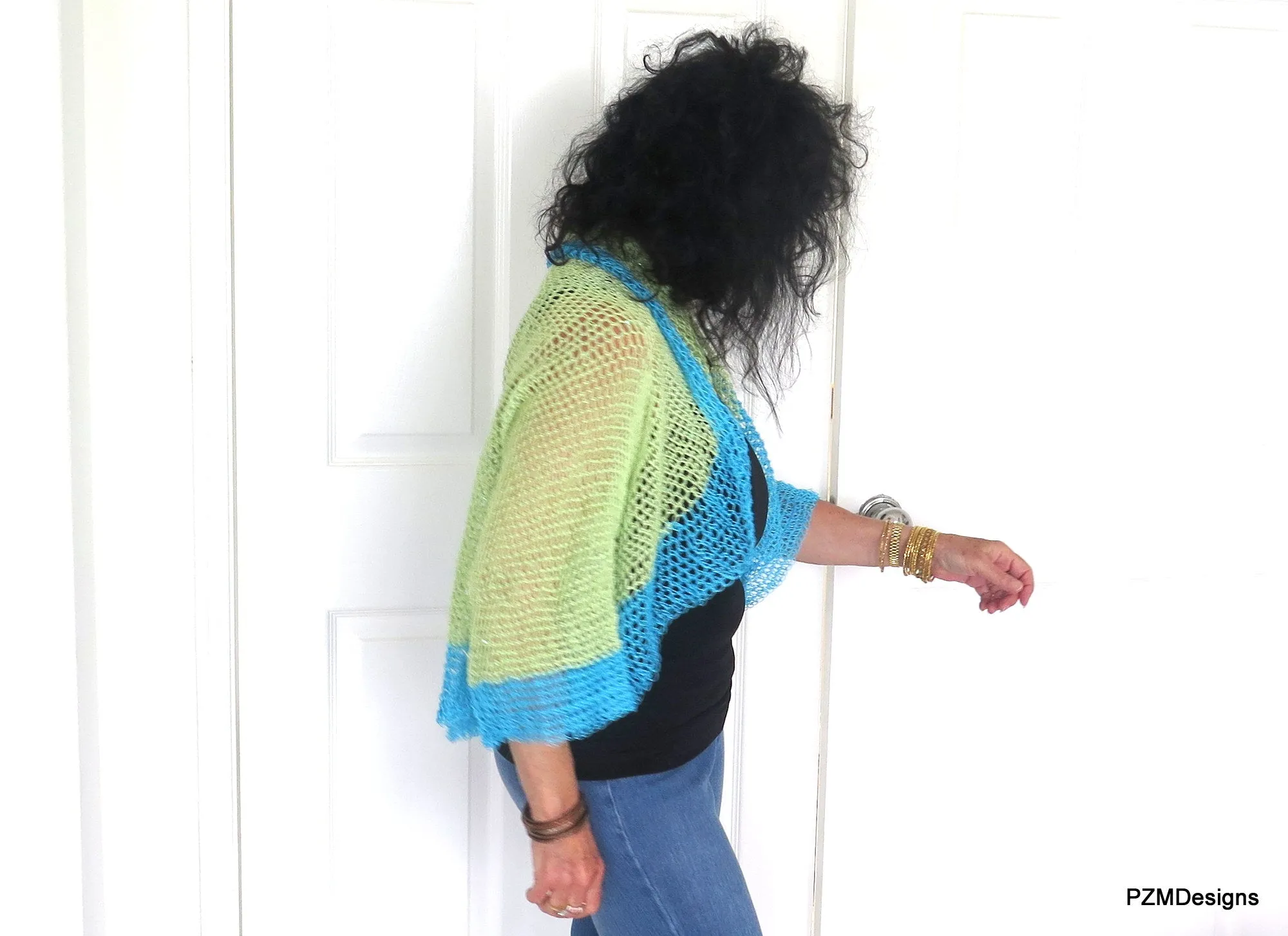 Green and Turquoise Thread Crochet Summer Shrug with Sequins