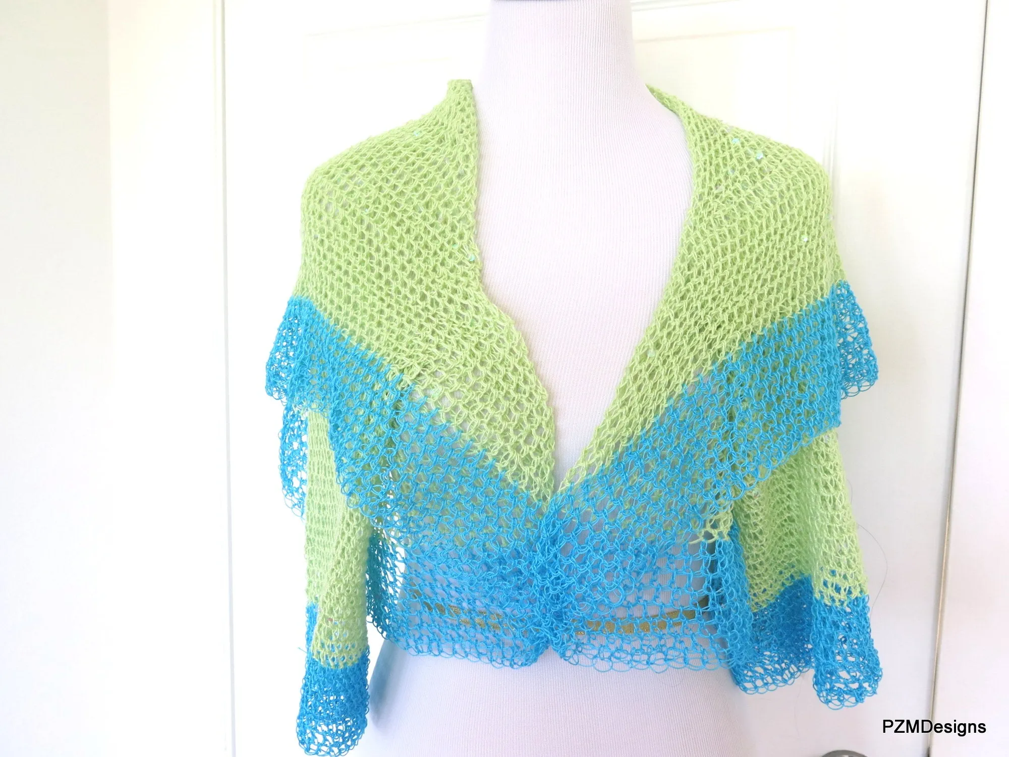 Green and Turquoise Thread Crochet Summer Shrug with Sequins