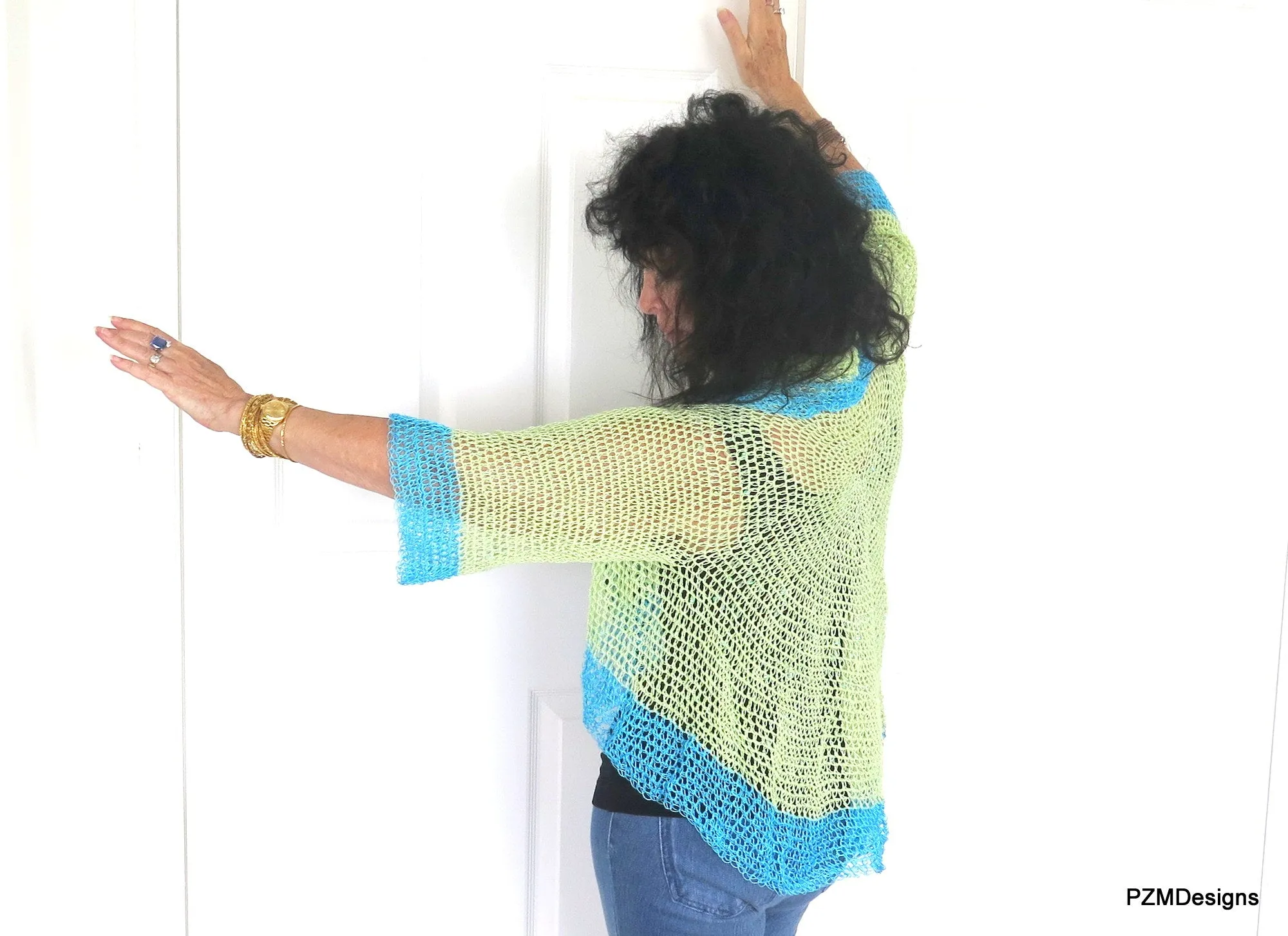 Green and Turquoise Thread Crochet Summer Shrug with Sequins