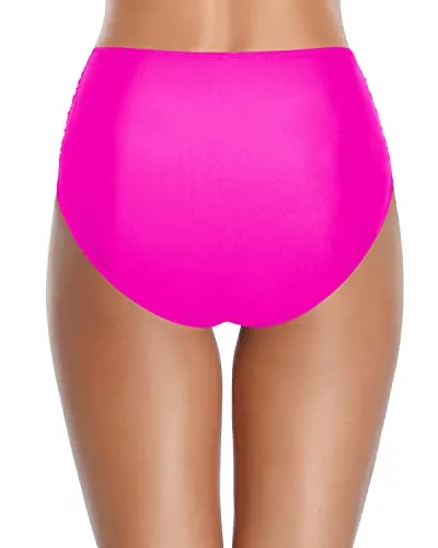 High Waisted Vintage Ruched Bikini Bottom Tummy Control Swim Bottom-Neon Pink