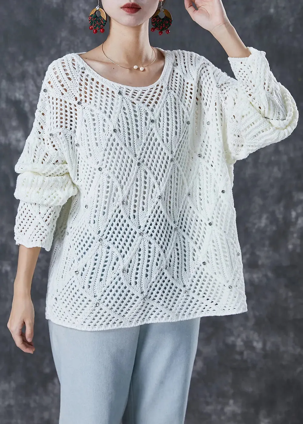 Hollow Out Zircon Knit Tops Fall